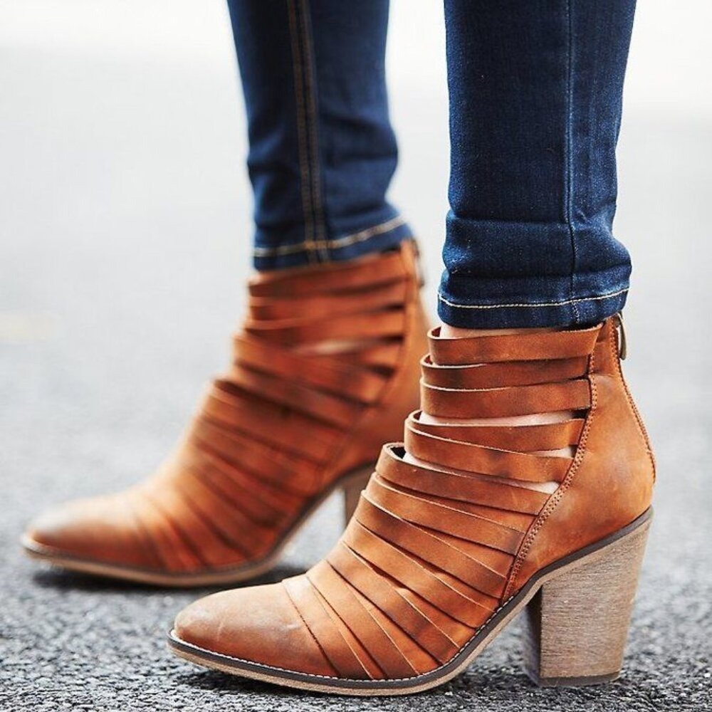 Free People Brown Leather Strappy Ankle Boots Womens Size 7